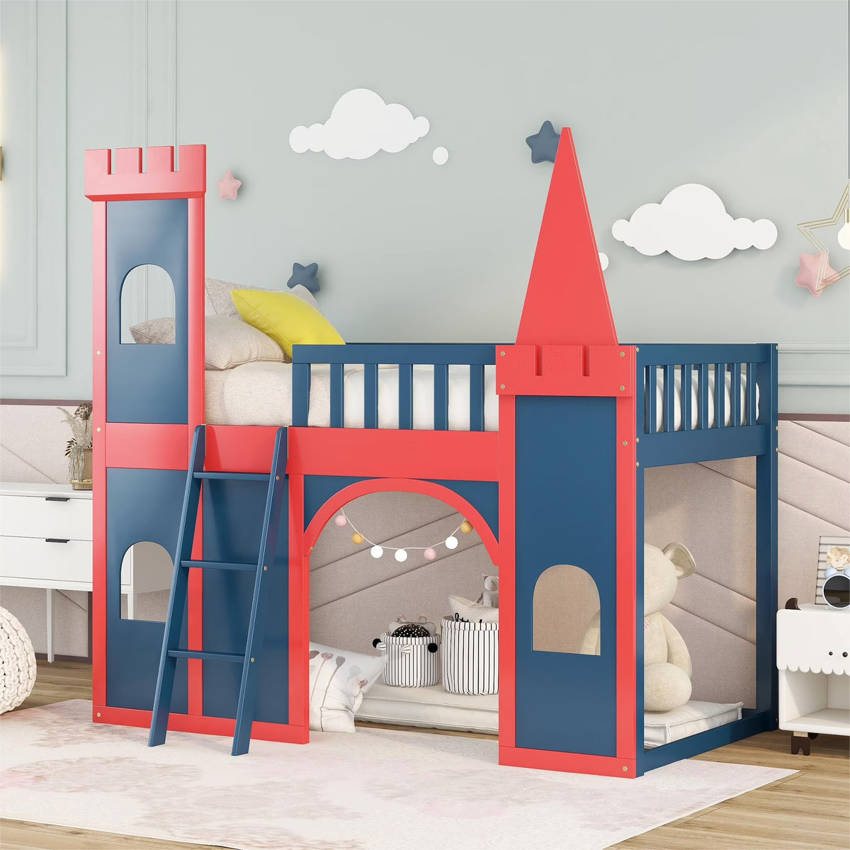 Red and Blue Twin Size Loft Bed with Ladder A11652