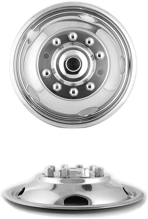 4pcs 19.5 Dually Steel Wheel Simulators Hub Covers 10 Lug Bolt on 304L Stainless Steel Polished Hub Cap Skins Liners F110161