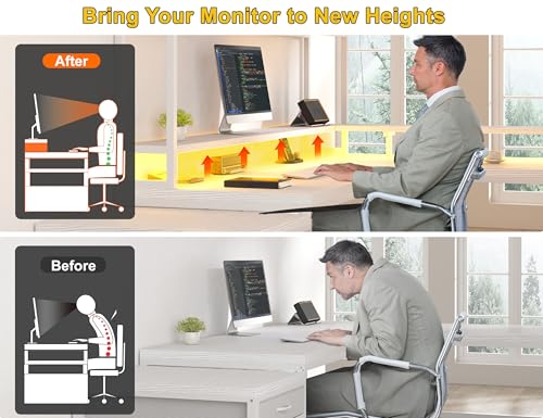 White 64" L Shaped Gaming Desk with Hutch, Drawers, Storage Shelves, Monitor Stand and LED Light T64579