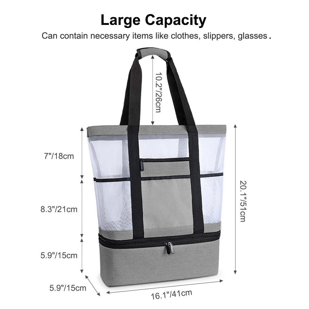 Gray Mesh Beach Tote with Zipper and Detachable Cooler Q198294