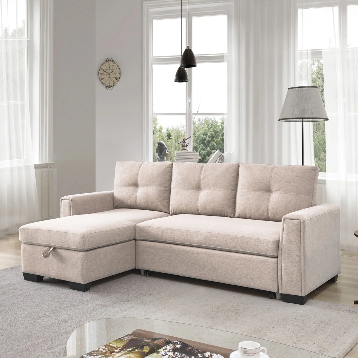 Modular Convertible Sleeper Sectional Sofa with Reversible Storage Chaise X588046