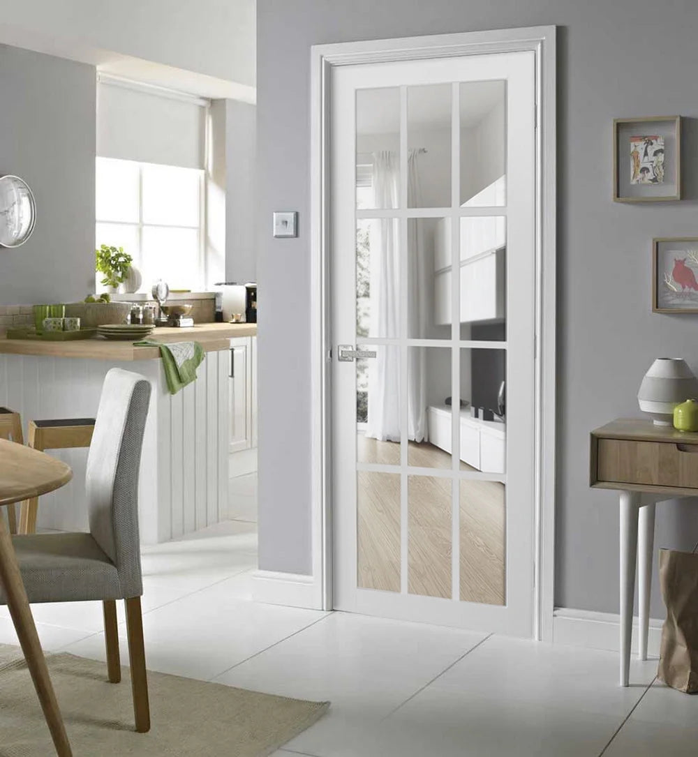 Solid French Door Clear Glass 12 lites White Silk Single Regular Panel Frame Trims Handle D7359