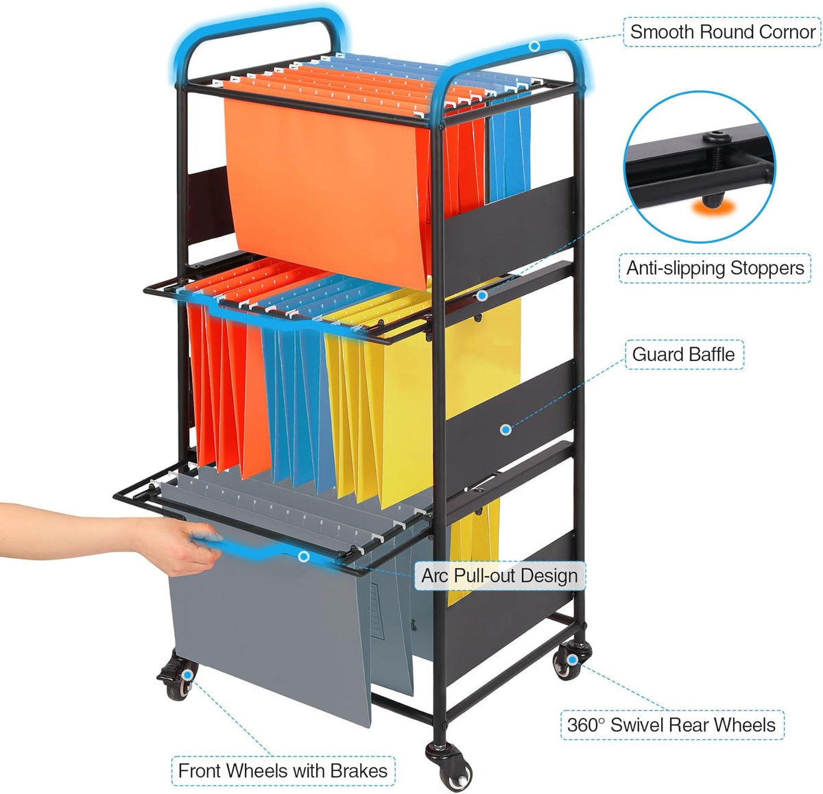 3-Tier Metal Rolling File Cart with Wheels, Black I1417