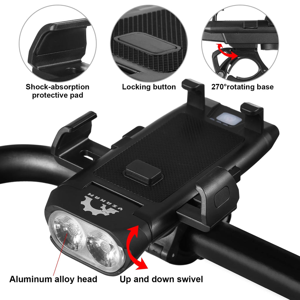 Front and Rear 4 in 1 USB Rechargeable Waterproof Headlight with Phone Holder Horn V421756