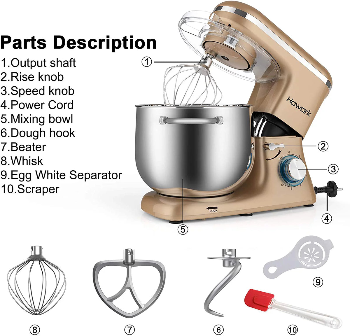8.45 QT 660W Stand Mixer with Dough Hook, Whisk, Beater P587