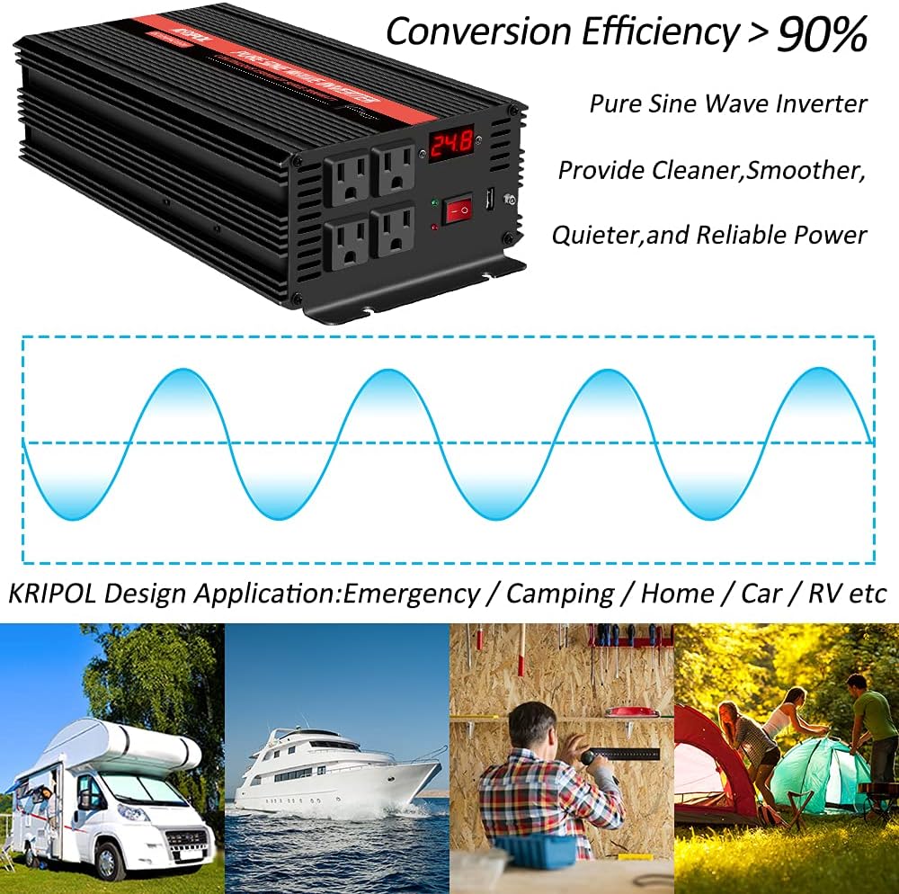 1500 Watt Pure Sine Wave Power Inverter 24v DC to 110/120v AC 60HZ with 4 AC and 1 USB Output D190368