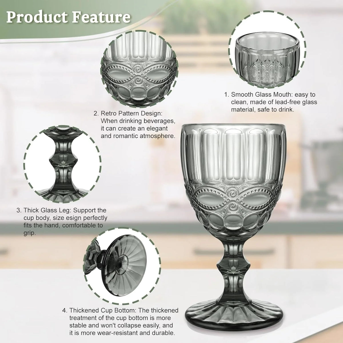 Set of 6 8 Ounce Gray Serpentine Pattern Wine Glasses S388655