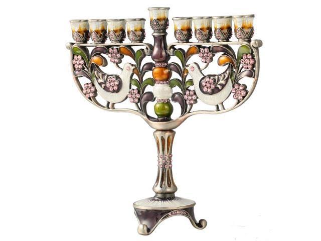 Hand Painted Enamel Menorah Candelabra with Gold Accents and Crystals A99782