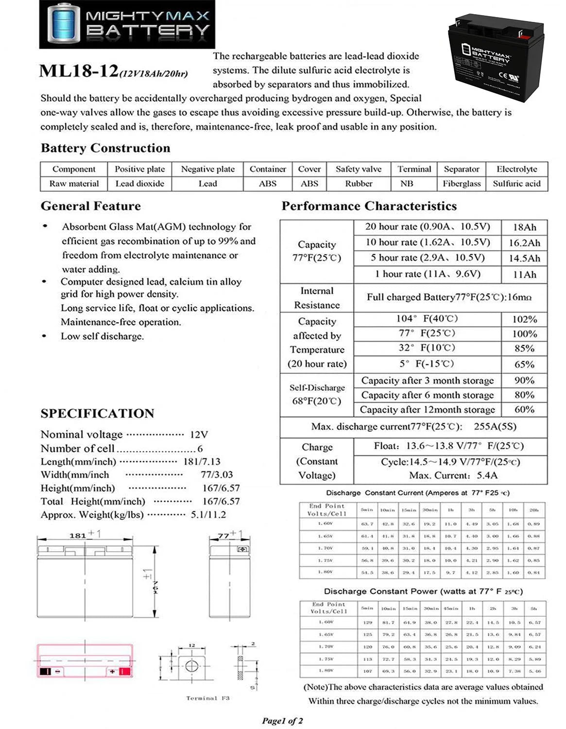 12V 18AH Sealed Lead Acid Battery H7231