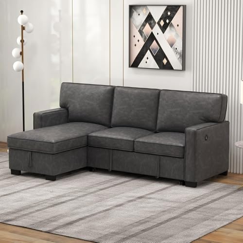 Grey Chenille L-Shaped Sleeper Sofa with Storage L69568