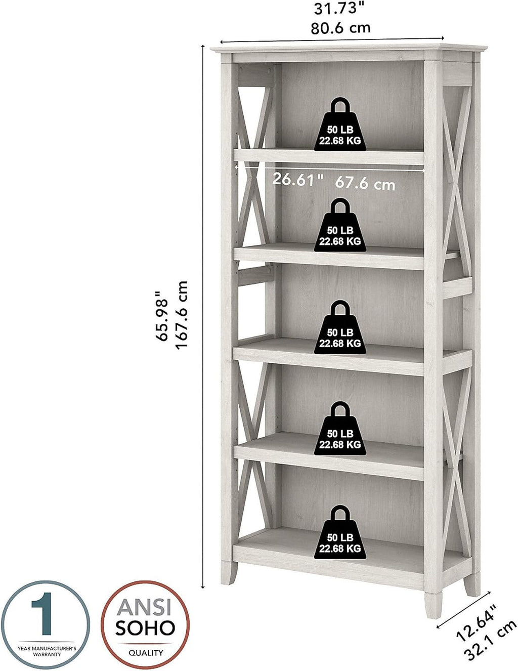 Linen White Oak 5 Shelf Bookcase E802