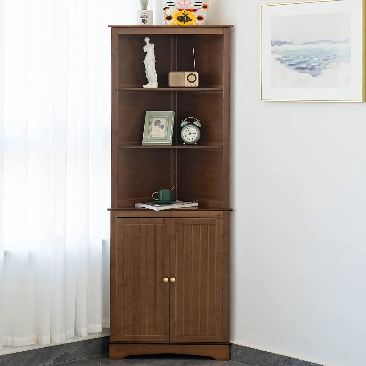 5-Tier Bamboo Corner Bookshelf with Door J215