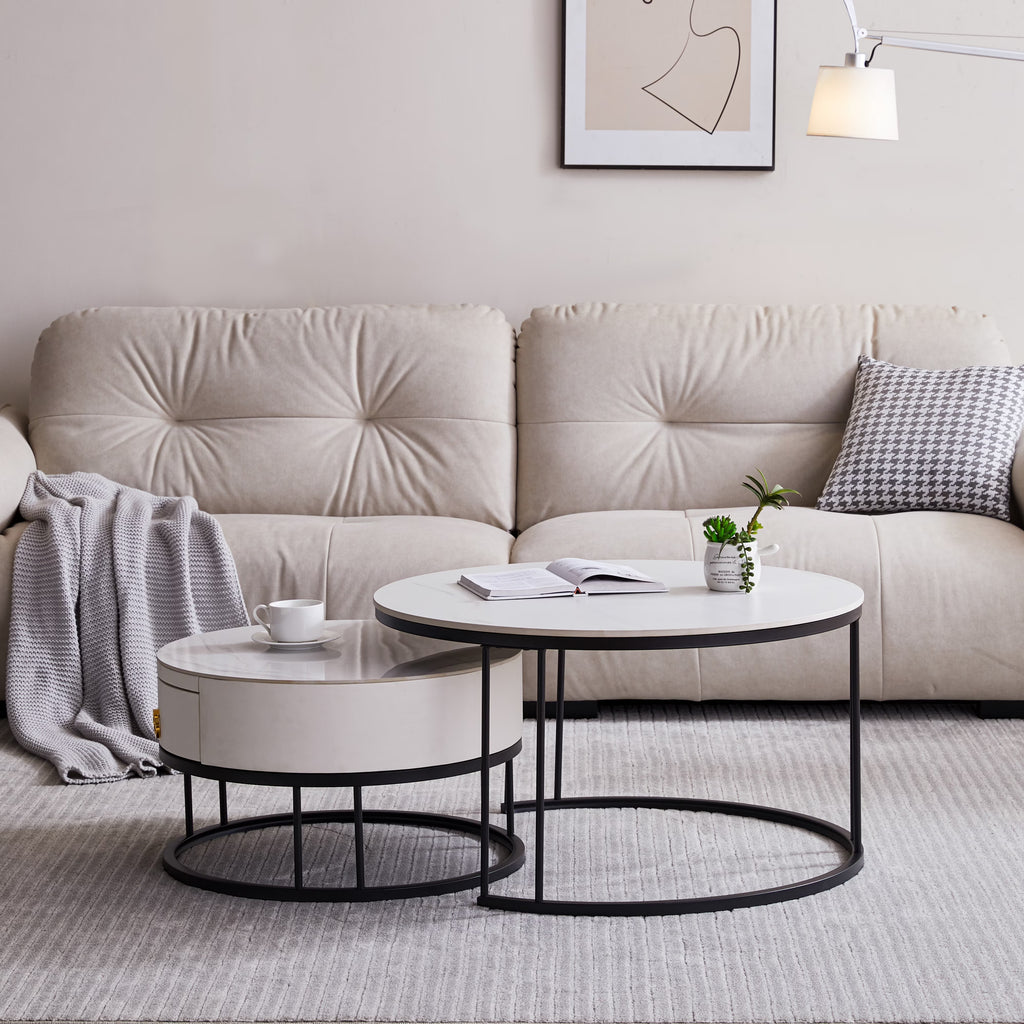 Black Nesting Coffee Table Set of 2 with Drawer, Sintered Stone Top Leather Wrapping Metal Frame S158722