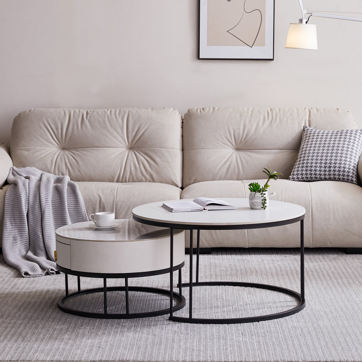 Black Nesting Coffee Table Set of 2 with Drawer, Sintered Stone Top Leather Wrapping Metal Frame S158722