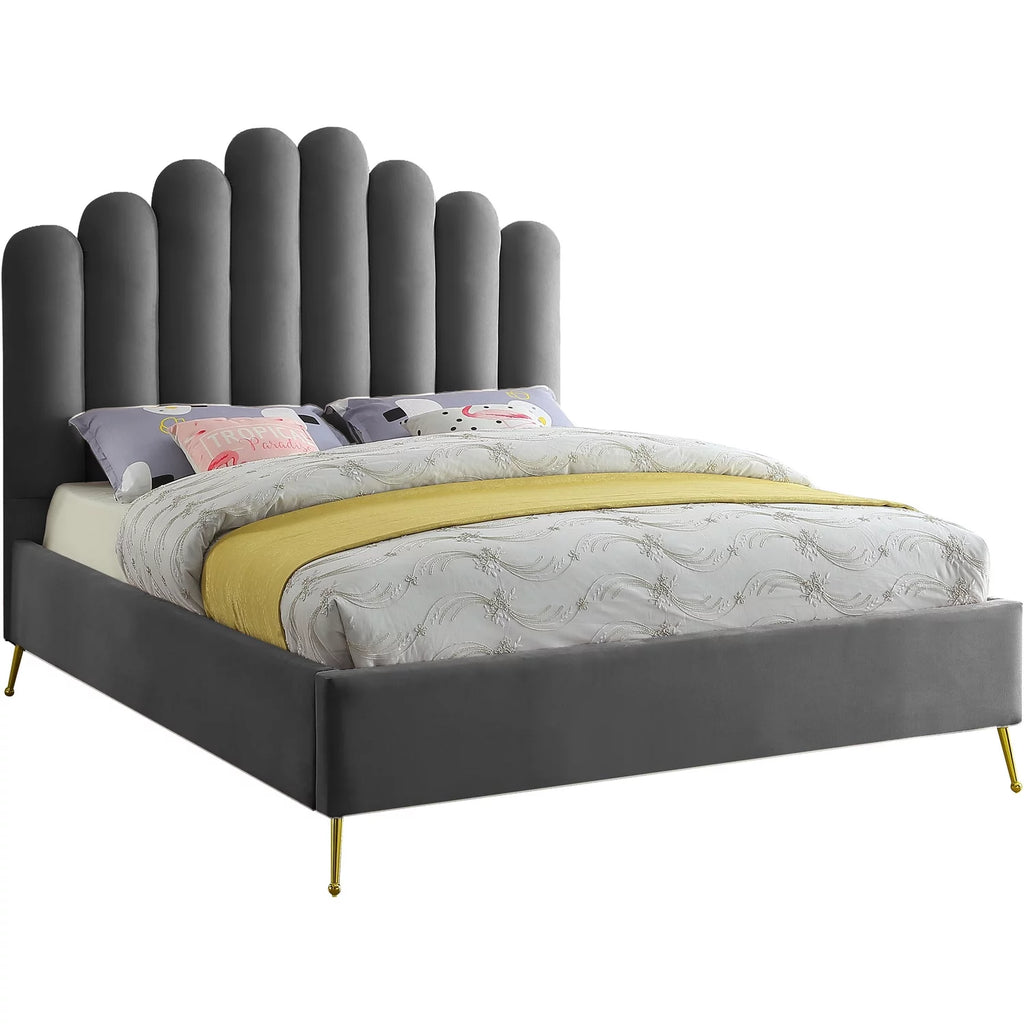 Velvet Upholstered Platform Bed with Gold Steel Legs H3350