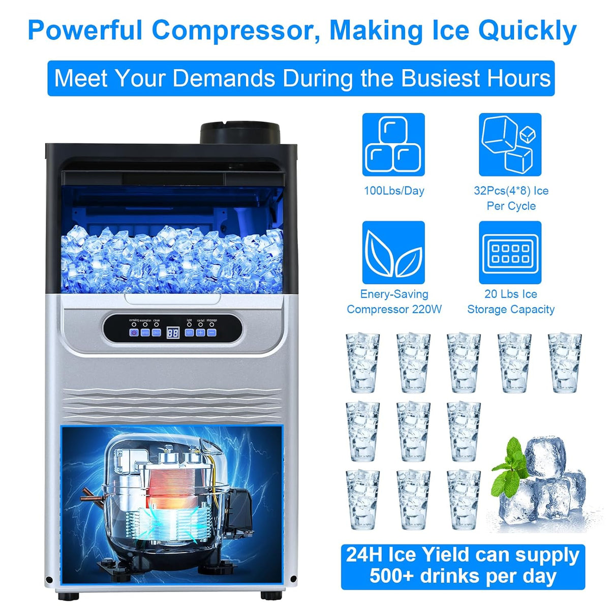 100Lbs/24H Ice Maker Machine with 20lbs Storage W941
