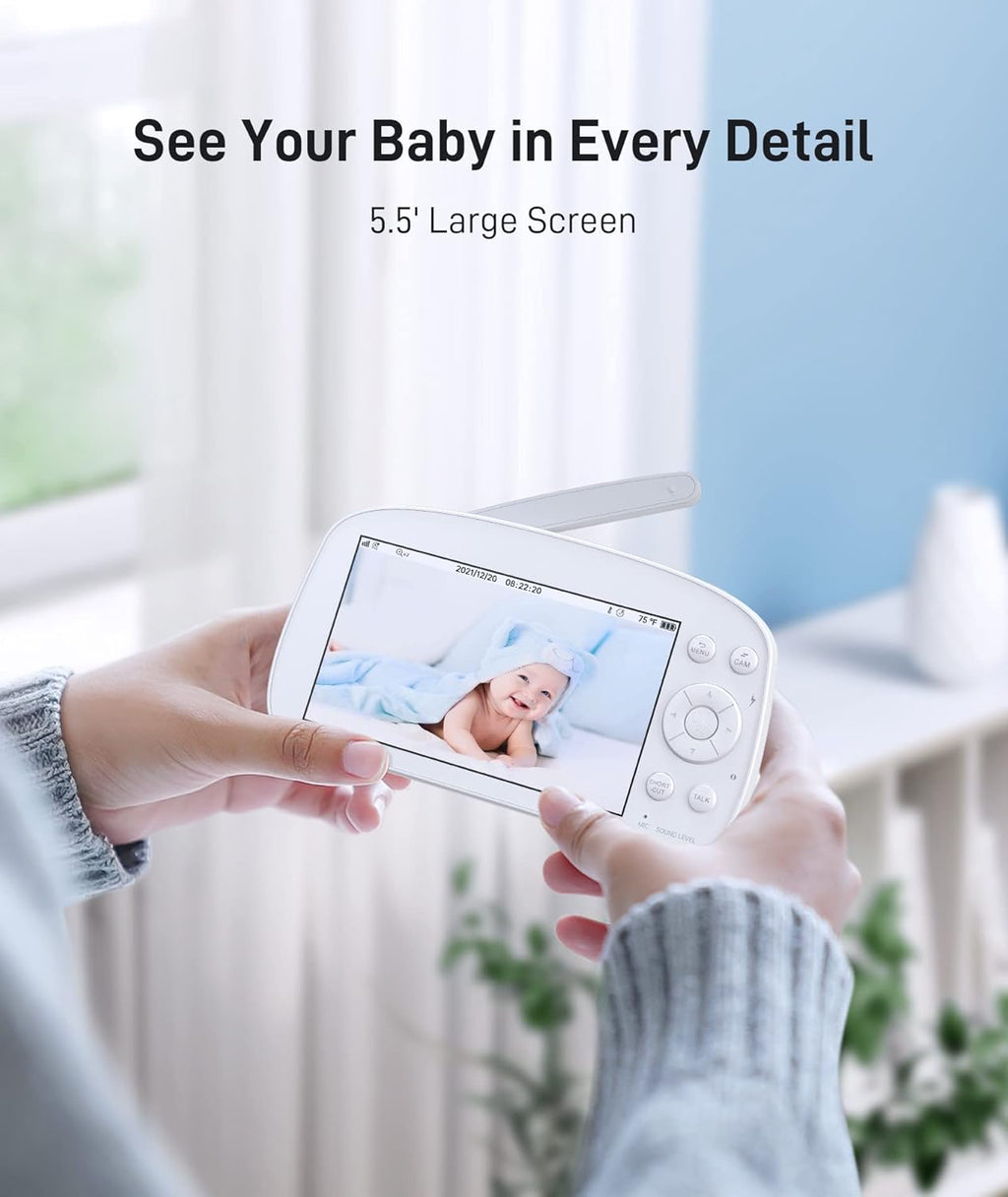 Video Baby Monitor with Camera and Audio 720P HD Resolution, 5.5 Display, Remote Pan/Tilt/Zoom, Two Way Audio, Night Vision, Lullabies, Room Temperature V730819