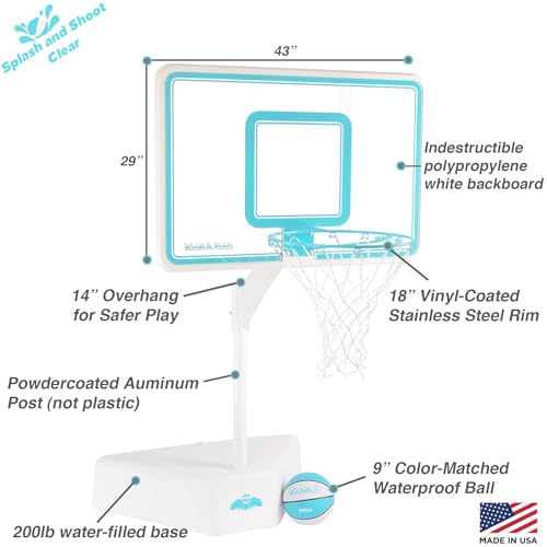 Outdoor Adjustable Height Swimming Pool Basketball Hoop with Ball, Base, 18 Inch Stainless Steel Rim W874