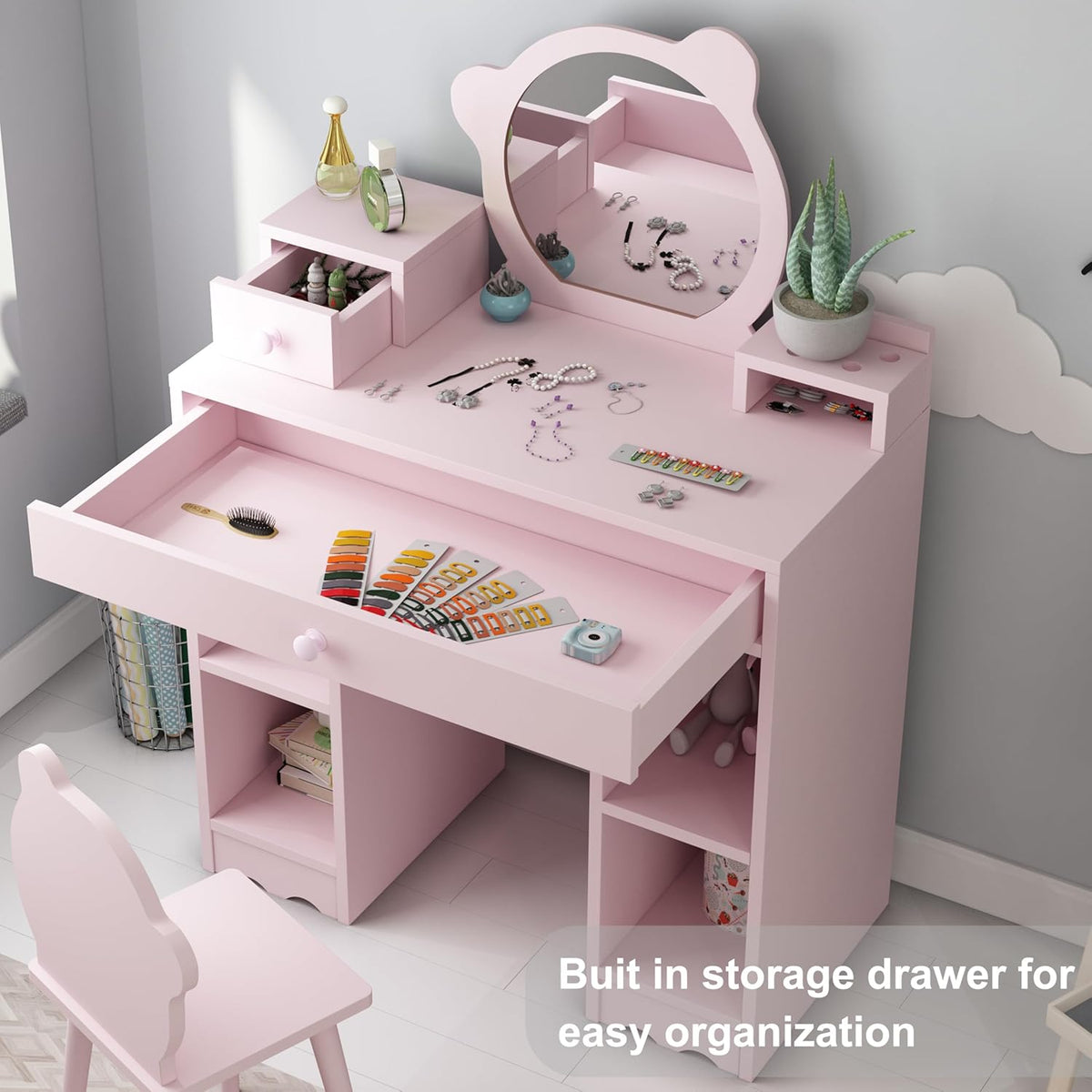 Pink Wooden Kids Vanity Set with Mirror and Stool U850097