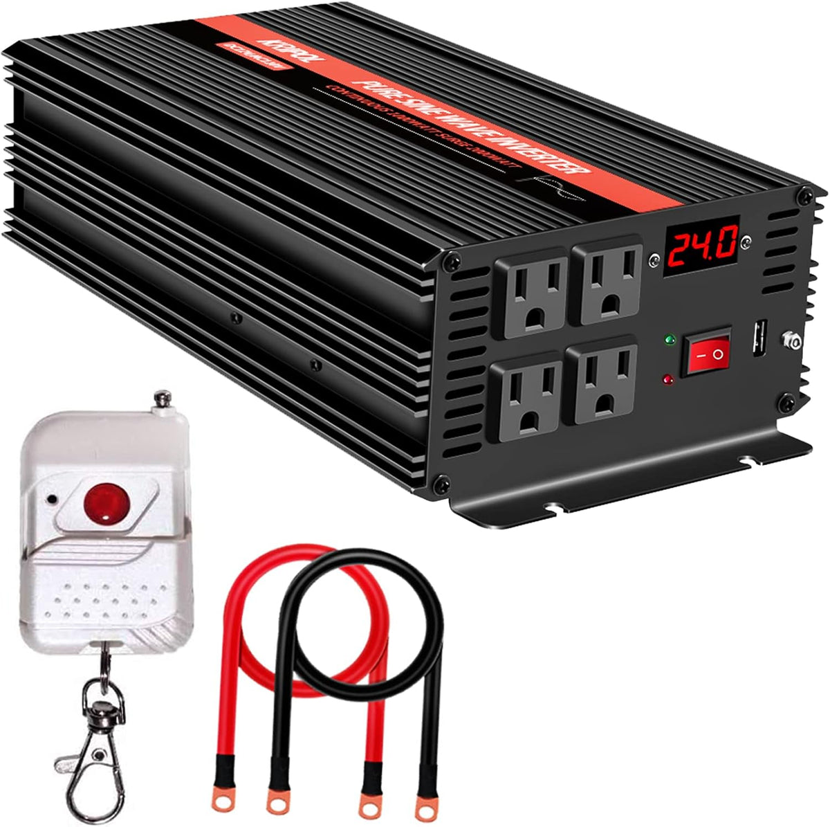 1500 Watt Pure Sine Wave Power Inverter 24v DC to 110/120v AC 60HZ with 4 AC and 1 USB Output D190368