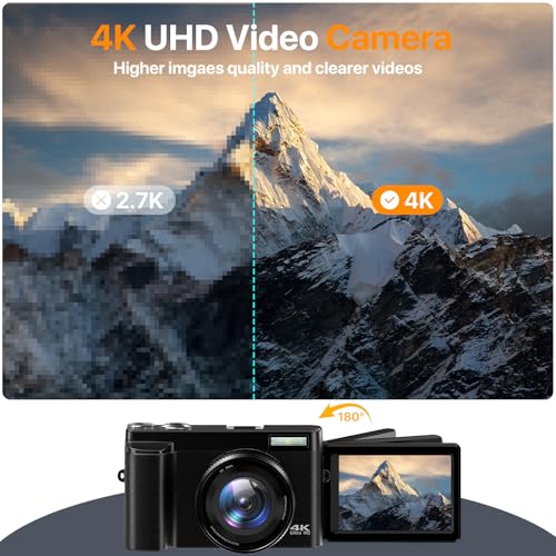 4K Digital Camera with 3'' 180° Flip Screen 16X Anti-Shake Compact Cameras with SD Card, Flash, 2 Batteries & Battery Charger S29287