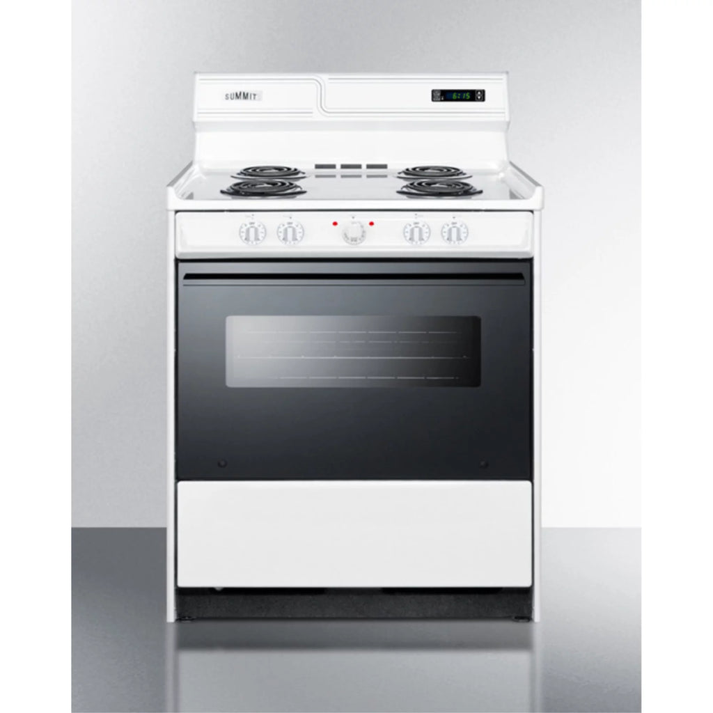 30 inch wide electric coil top range in white with black door V7414