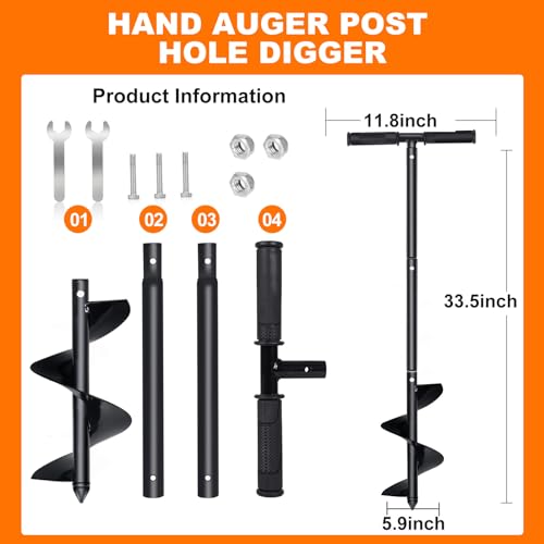 Manual Spiral Drill Bit Post Hole Digger 5.9"x33" with Non-Slip Handle T950