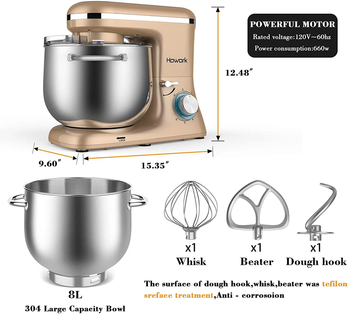 8.45 QT 660W Stand Mixer with Dough Hook, Whisk, Beater P587
