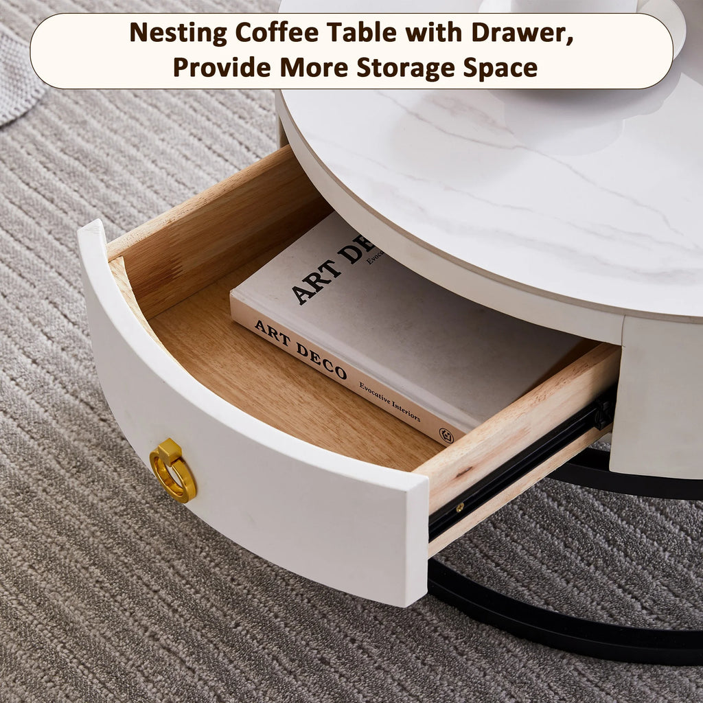 Black Nesting Coffee Table Set of 2 with Drawer, Sintered Stone Top Leather Wrapping Metal Frame S158722