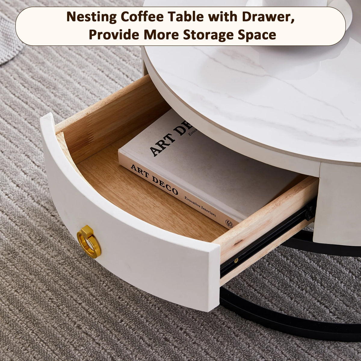 Black Nesting Coffee Table Set of 2 with Drawer, Sintered Stone Top Leather Wrapping Metal Frame S158722