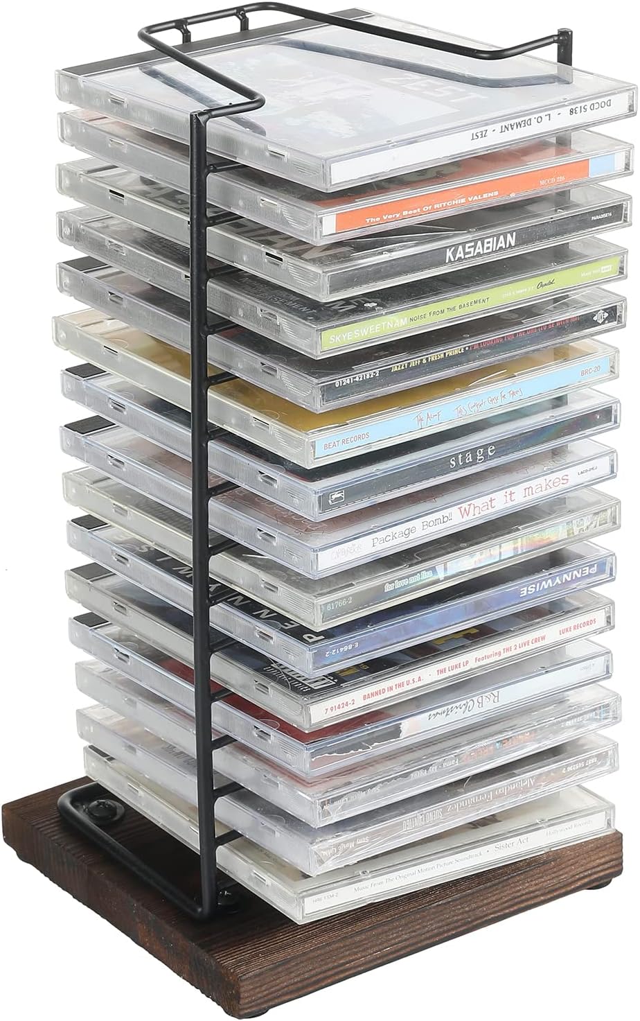 Matte Black Metal Wire Vertical CD Holder with Burnt Wood Base, Holds 15 Jewel Cases C2565