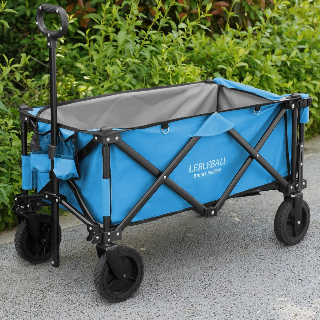 Folding Wagon Cart Collapsible Heavy Duty Large Capacity Utility All Terrain with 2 Cup Holders Big Wheels Brake Blue B665155