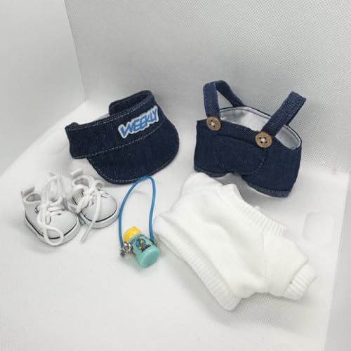 17cm Doll 4-Piece Clothes Set Denim Overall Sun Hat T-Shirt Knitted Flower Brooch D3075