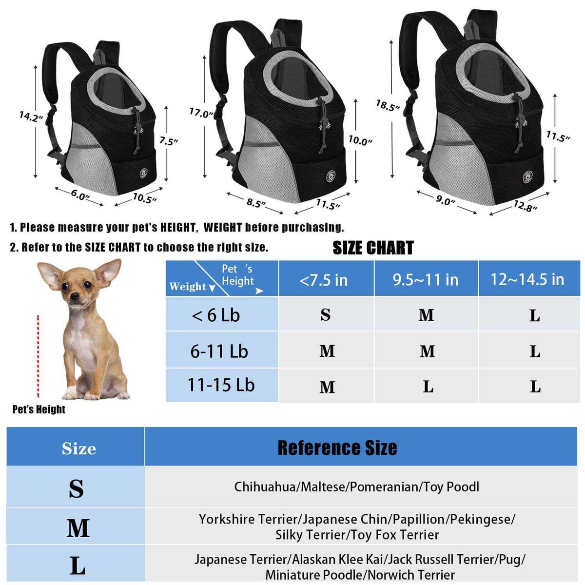 Dog Backpack Carrier Pet Carrier for Small Medium Dogs Breathable Adjustable with Safety Reflective Strips H324