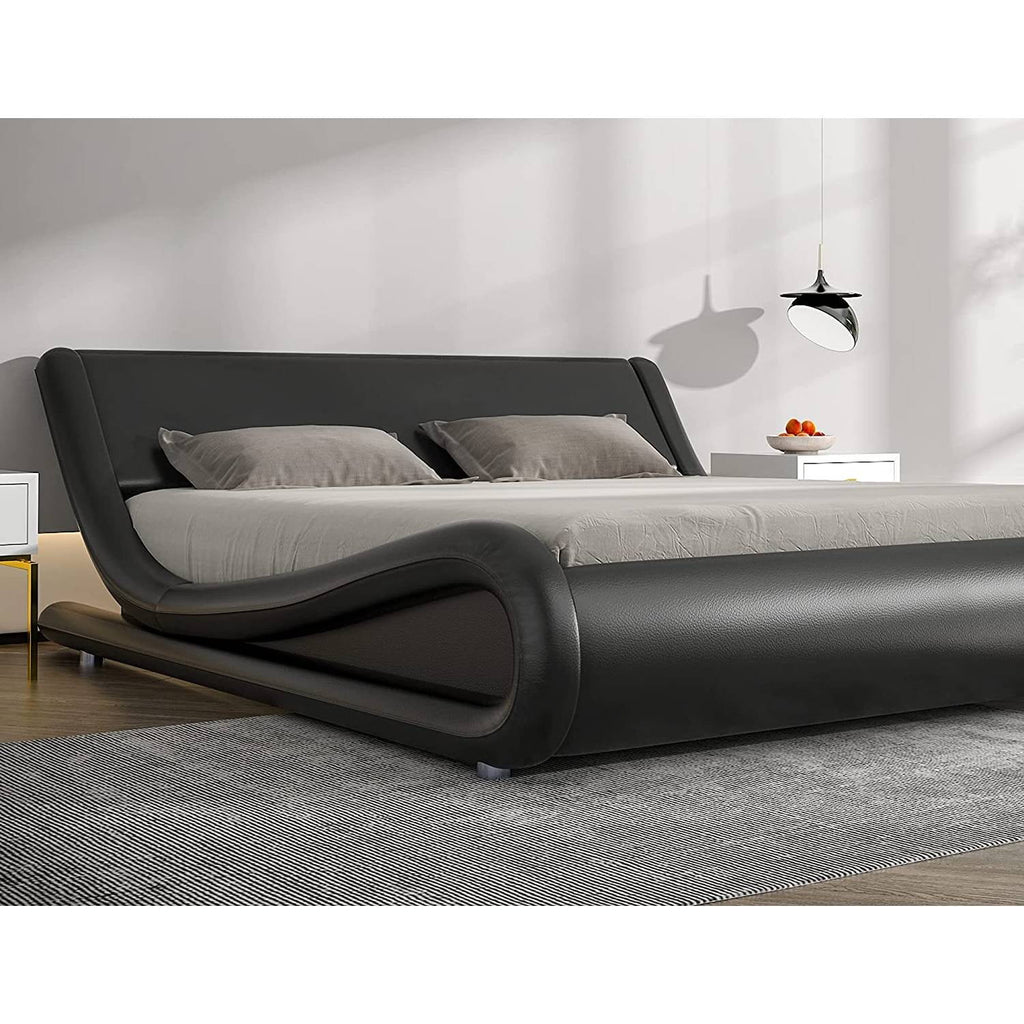 Black Faux Leather Queen Platform Bed Frame with Headboard K449