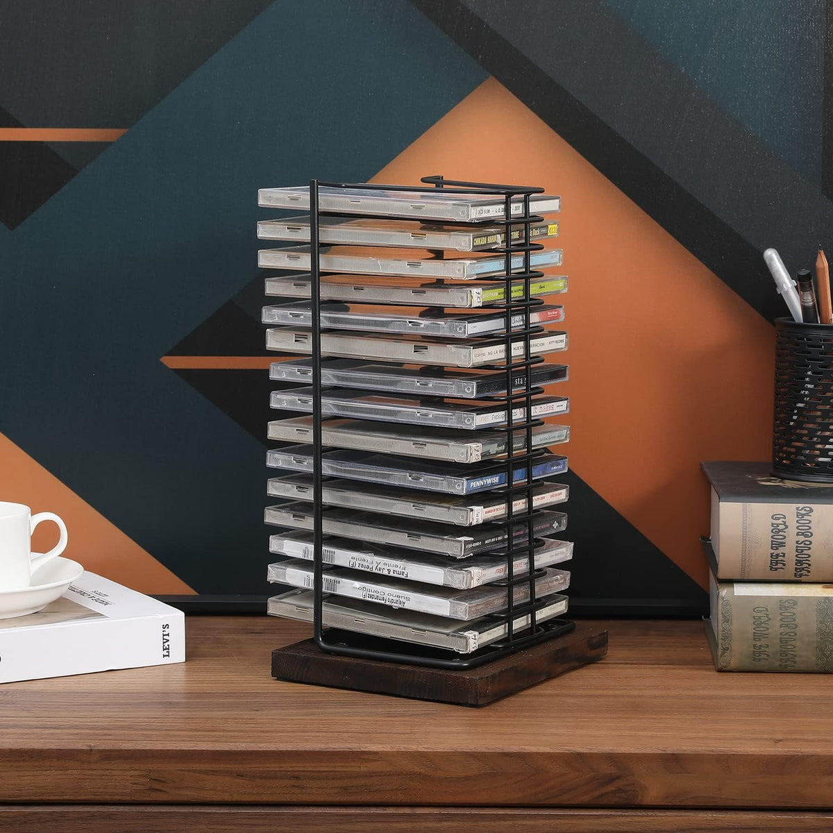 Matte Black Metal Wire Vertical CD Holder with Burnt Wood Base, Holds 15 Jewel Cases C2565
