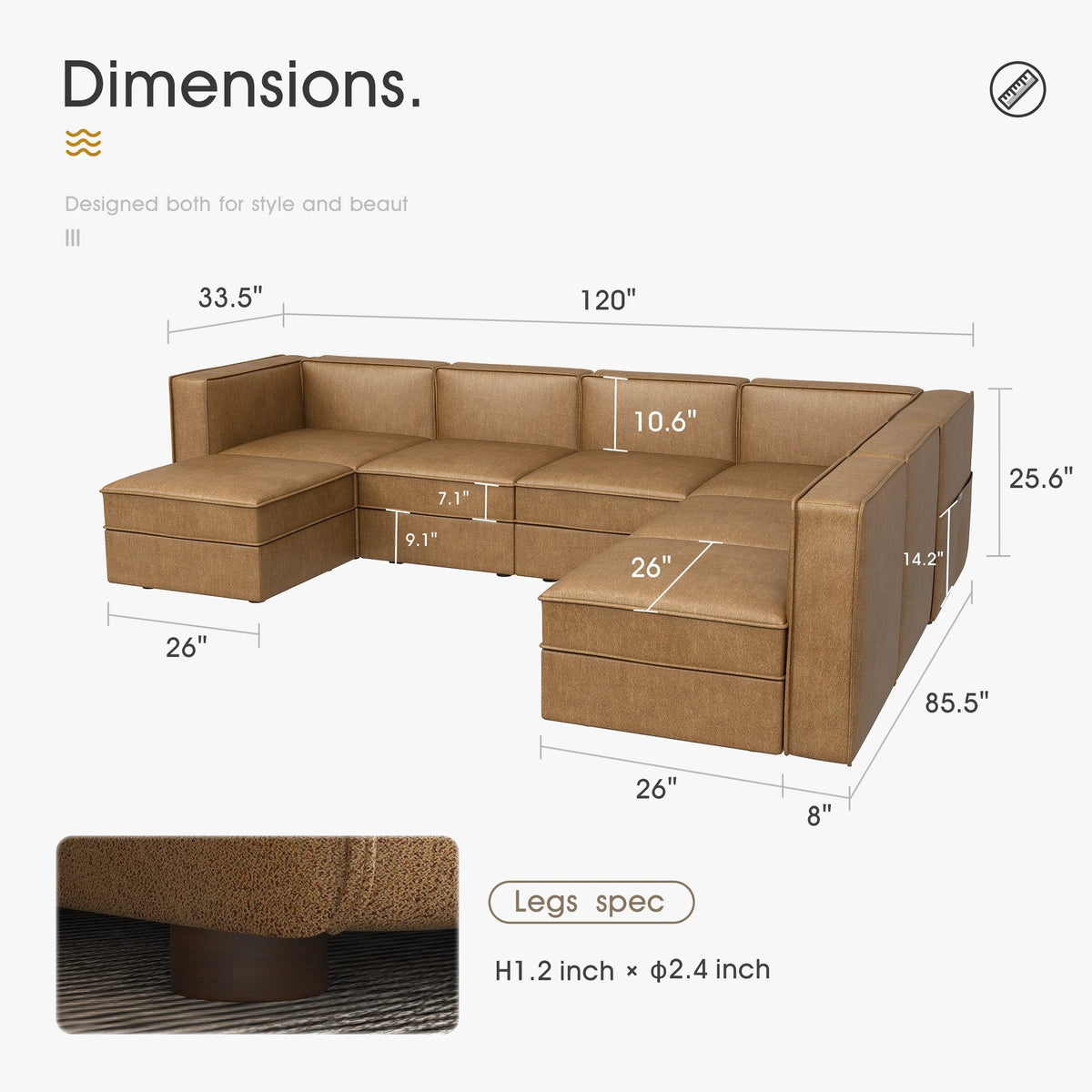Caramel Brown U Shaped 7 Seaters Convertible Sectional Sofa Couch with Ottoman C14121