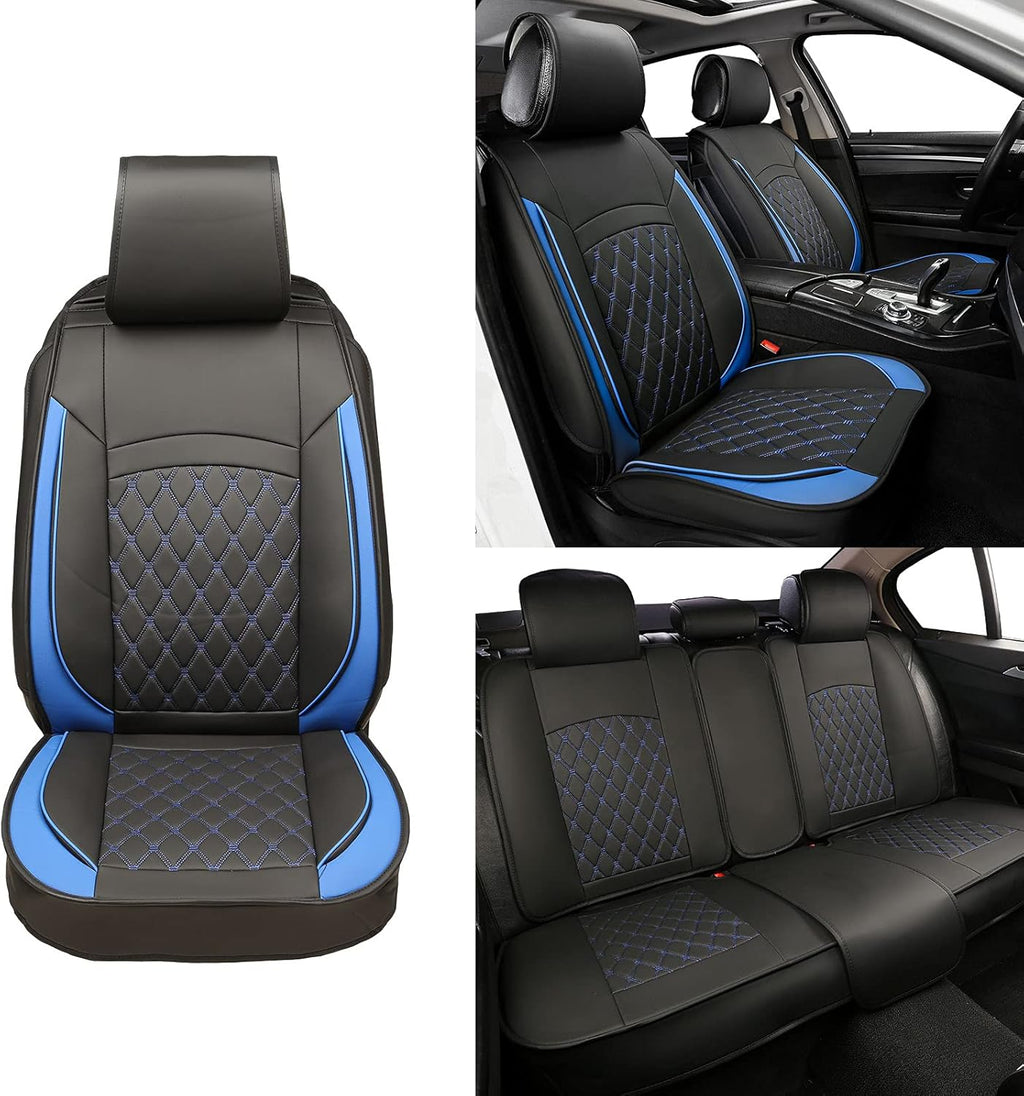 5 Car Seat Covers Black and Blue Leather Full Seat with 2 Car Backseat Storage Waterproof C880