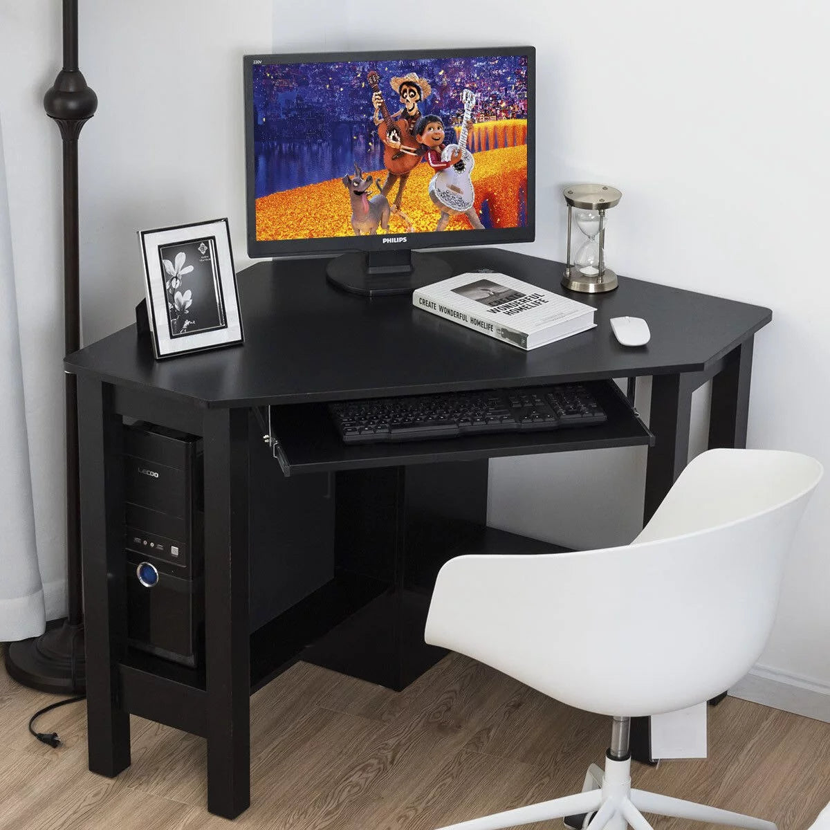 Black Wooden Corner Desk With Drawer D31342
