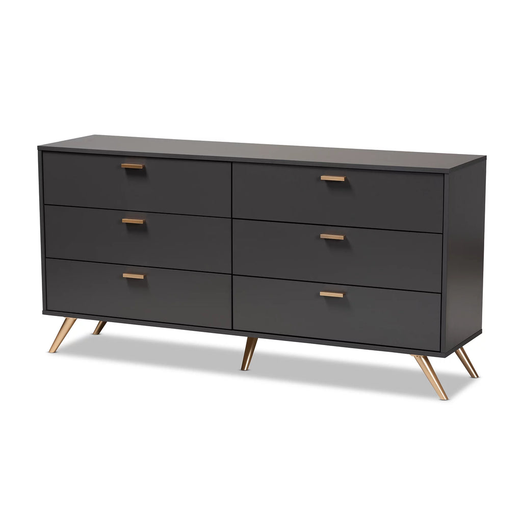 Dark Grey Gold Wood 6-Drawer Dresser S18159