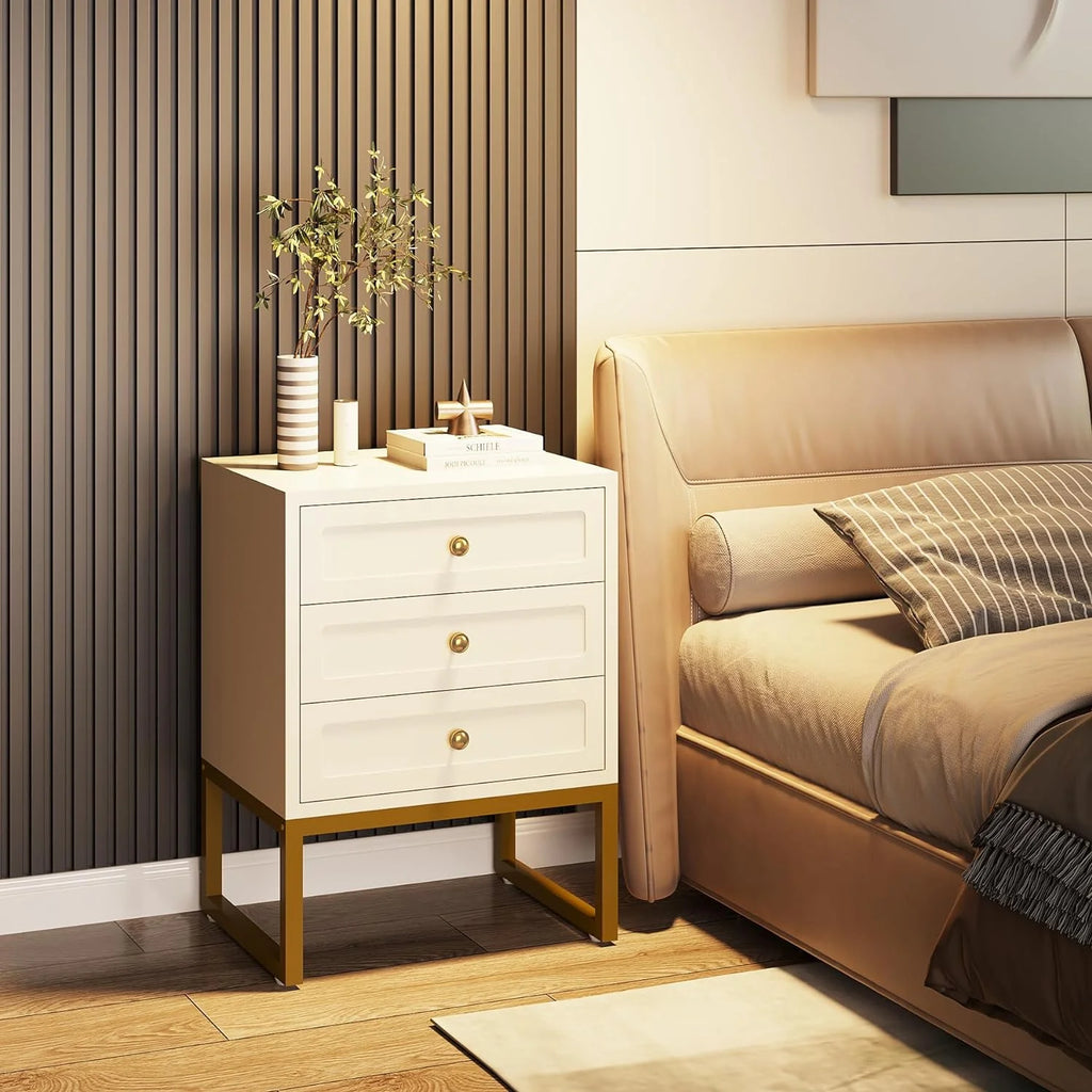 Modern 3 Drawer Wood Nightstand with Gold Metal Legs B1004