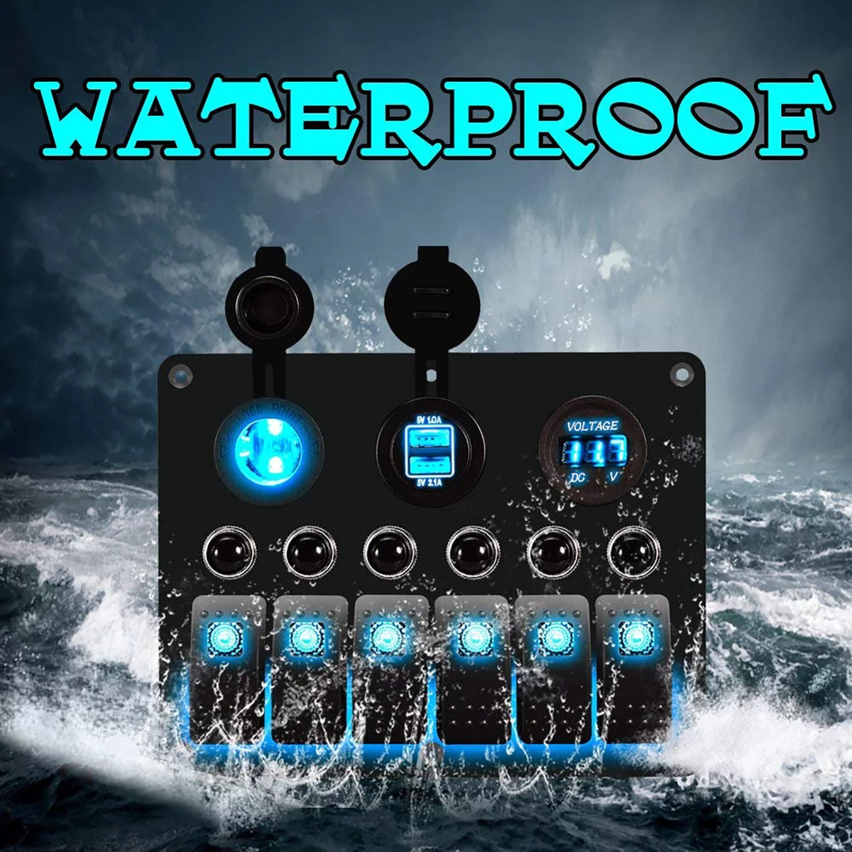 Blue LED Rocker Switch Panel with Dual USB Waterproof Power Socket Breaker Voltmeter R576