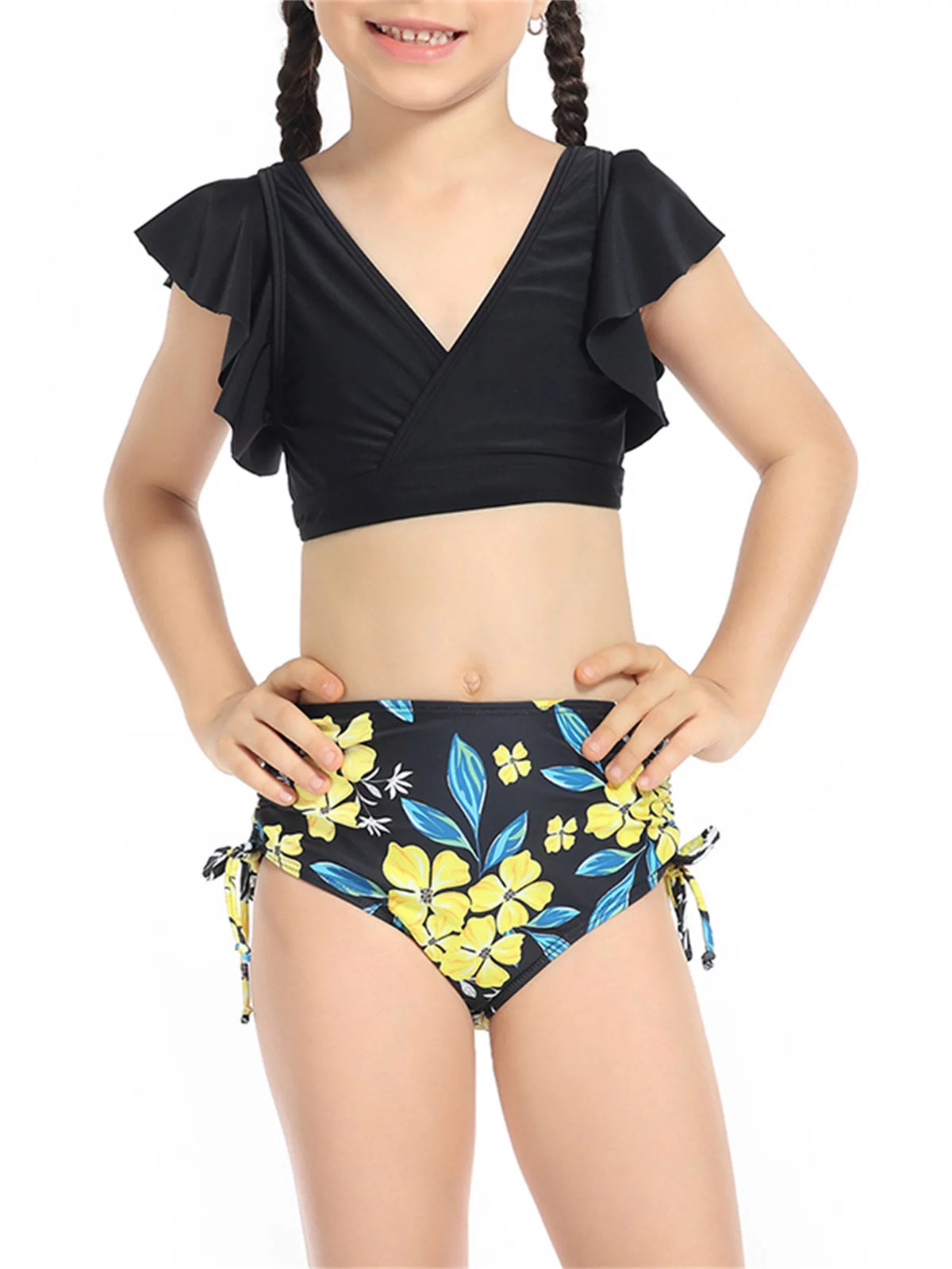 2 Piece Bikinis Set Print Fly Sleeve Tops Briefs Swimwear V171975