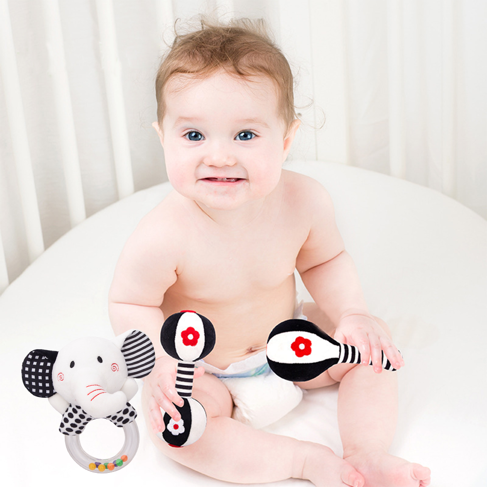3PCS Soft High Contrast Black White Baby Rattles K93639