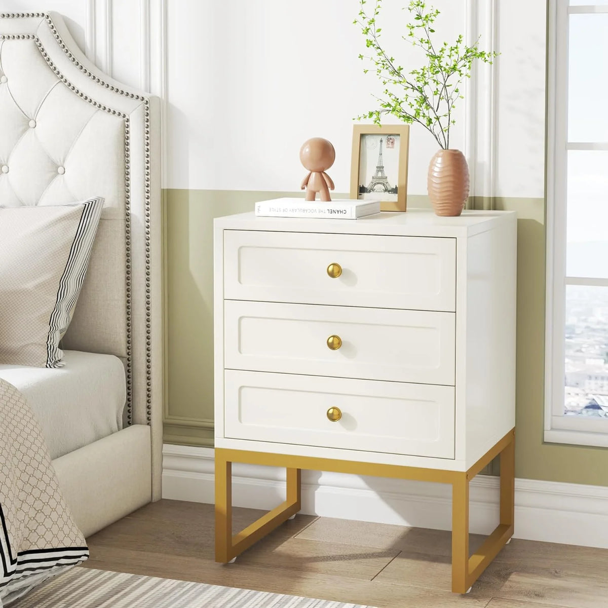 Modern 3 Drawer Wood Nightstand with Gold Metal Legs B1004
