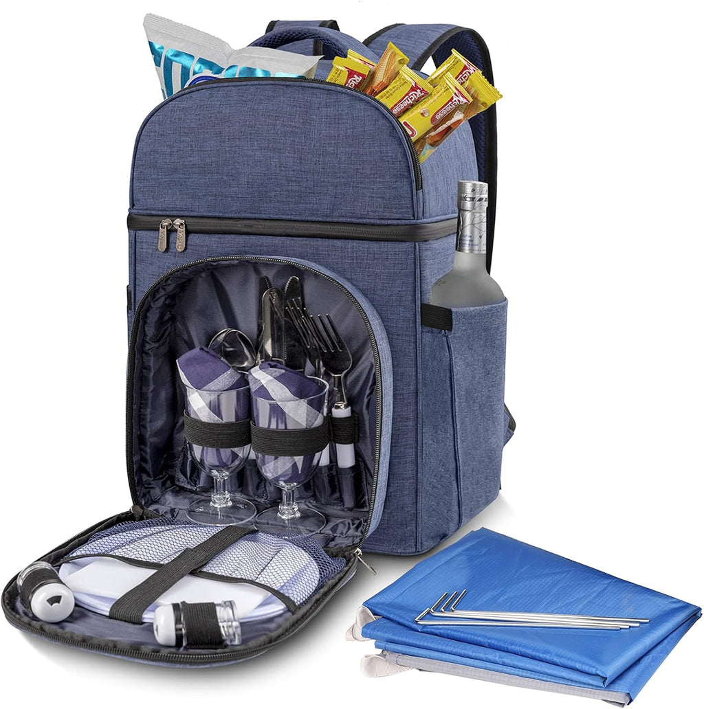 Insulated Picnic Backpack Bag with Cooler Compartment, Blanket, Plates and Cutlery Set O97541
