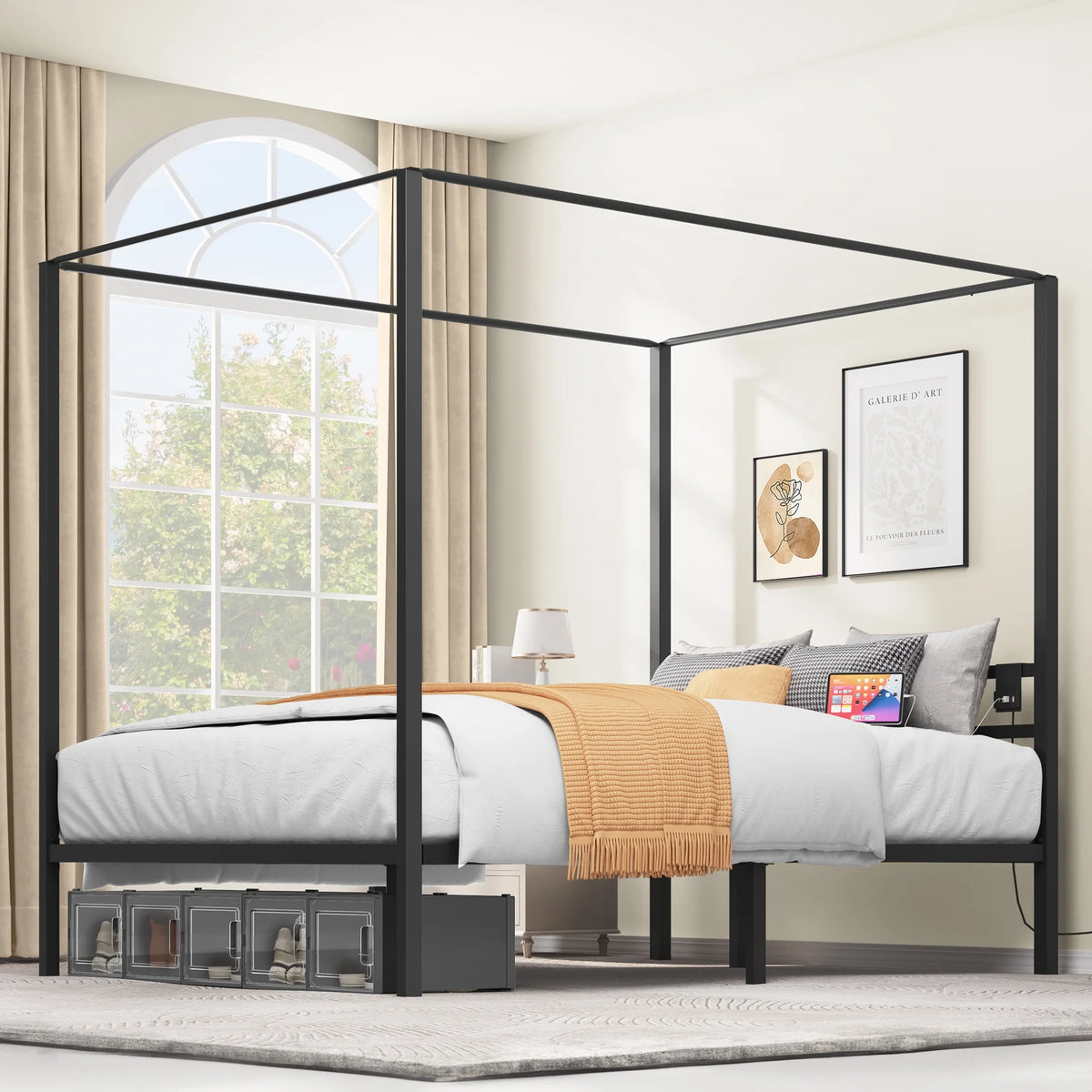 Queen Size Black Canopy Bed Frame with USB Charging and Storage N41990