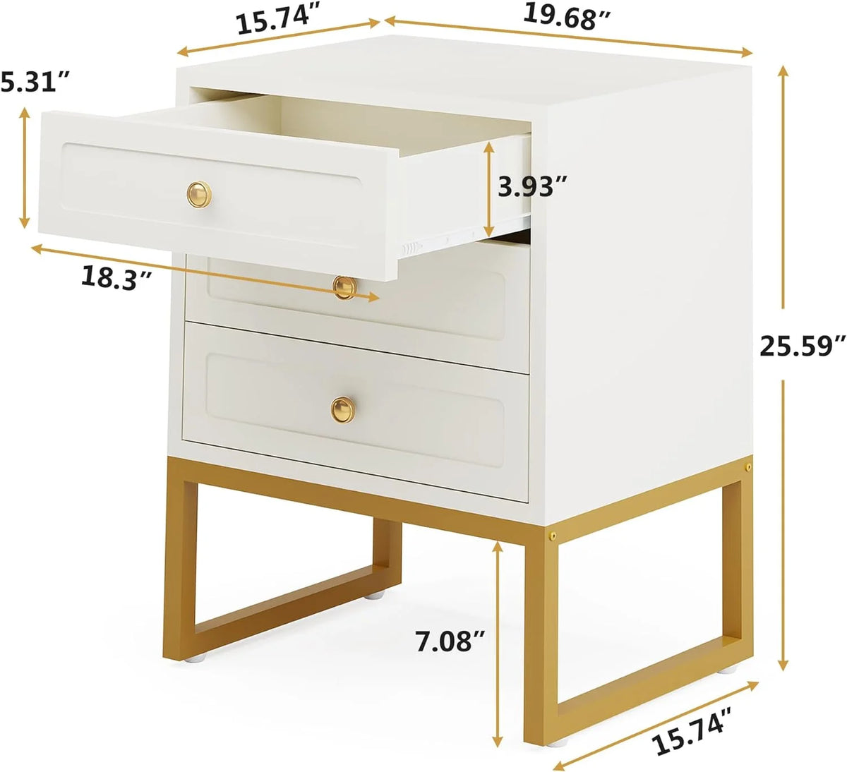 Modern 3 Drawer Wood Nightstand with Gold Metal Legs B1004