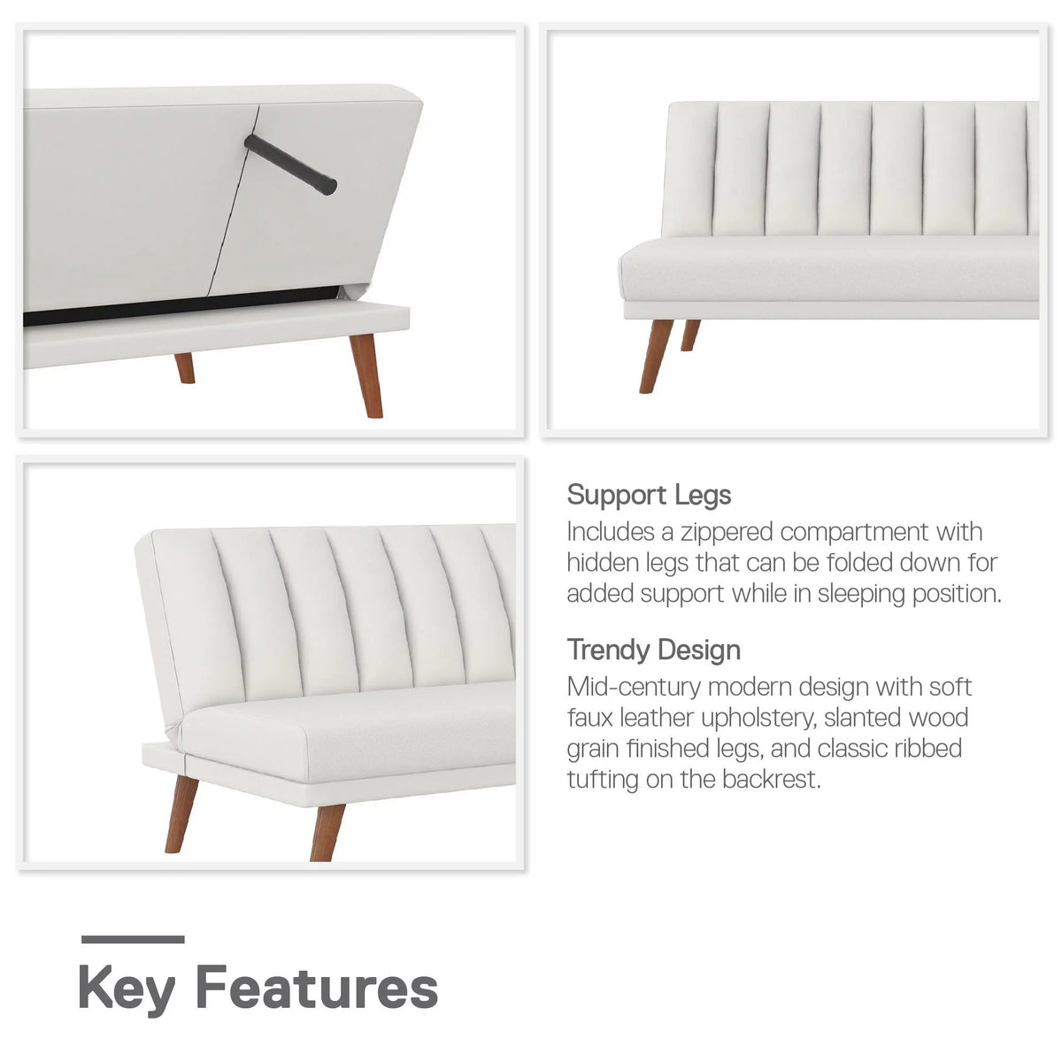 White Faux Leather Armless Futon Sofa Lounger T810531