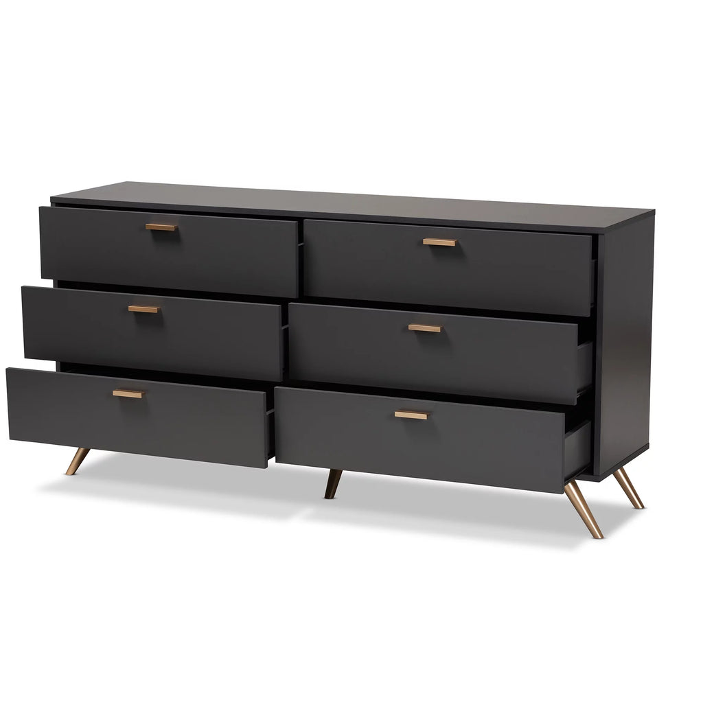 Dark Grey Gold Wood 6-Drawer Dresser S18159